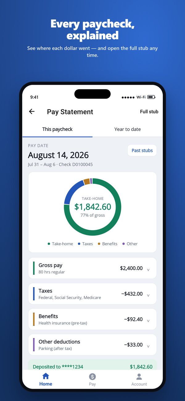 A paycheck explained: where each dollar went, with the full stub one tap away